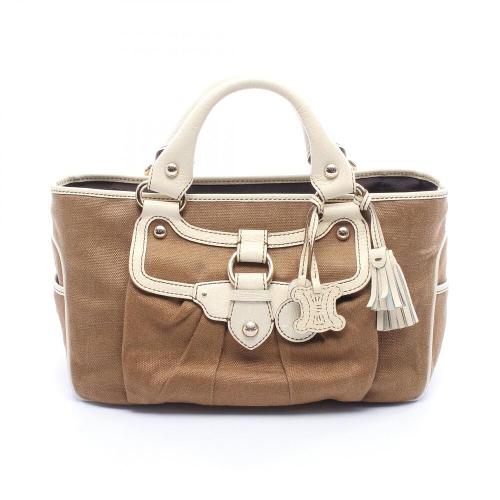Celine Boogie Bag Charm Handbag Canvas Leather Brown Ivory White